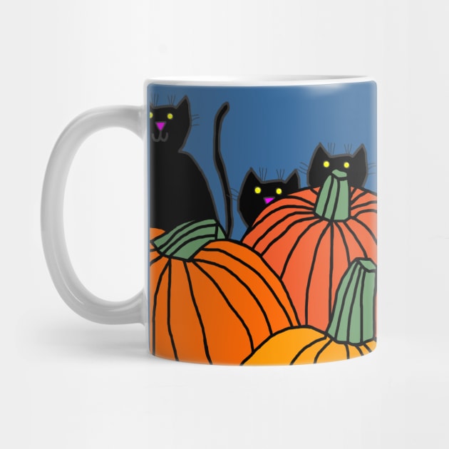 Three Black Cats in the Halloween Pumpkin Patch by ellenhenryart